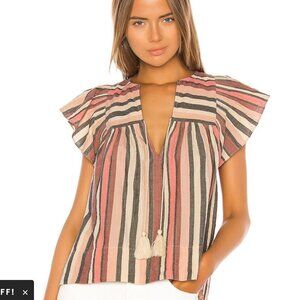 Ulla Johnson Amba Top Pink Rosewood Striped Ruffle Sleeve V Neck Blouse